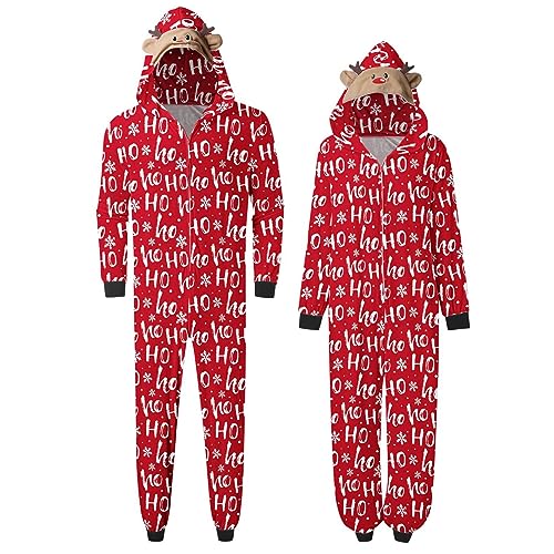 Christmas Matching Pajamas for Couples Funny Printed Zipper One Piece Hoodie Jumpsuit Onesie for Adult Women Men