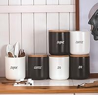 Vista 3 de Sello de almacenamiento de alimentos de cerámica de color puro Pot Spice Jar Sugar Bowl con tapa de bambú - Azúcar-Negro