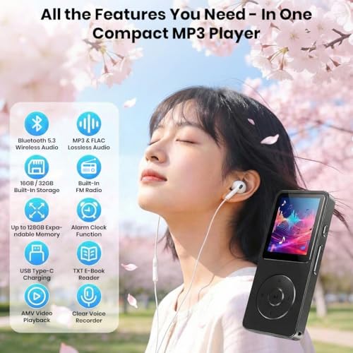 Image of AUDIOCULAR M61 MP3 Player with Bluetooth 5.3, Built-in Speaker, FM Radio, 16 /32GB Integrated SD Card Storage (Up to 128GB), Type-C Charging