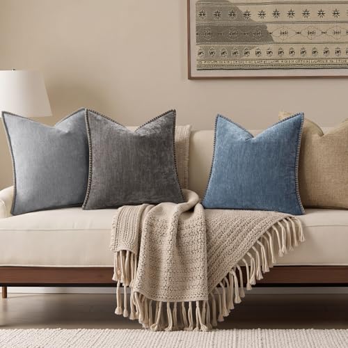 Image of decorUhome Fall Chenille Soft Throw Pillow Covers 24x24 Set of 2, Farmhouse Velvet Neutral Decorative Euro Sham Pillow Covers with Stitched Edge for Couch Sofa Bed Home Decor, Haze Blue
