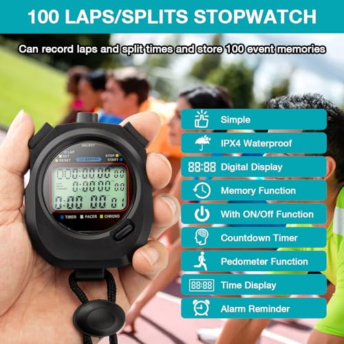 Chronomètre étanche - 100 tours - Mémoire divisée - Grand écran - Chronomètre numérique simple avec horloge/comptage à rebours/réveil/calendrier/bruit - Chronomètre de sport pour la natation, la – Image 3