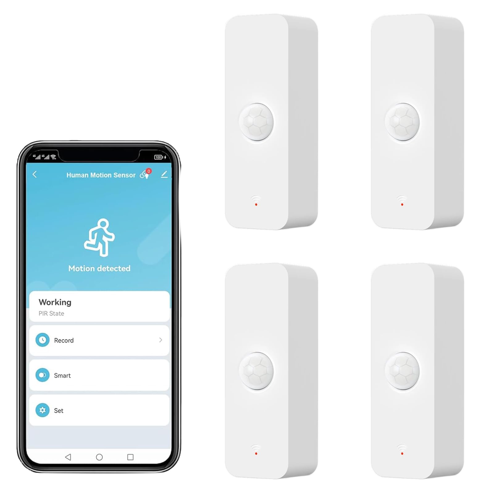 RISOON WiFi Bewegungssensor, Smart Bewegungsmelder Tuya PIR für die Heimsicherheit, drahtloser Bewegungssensor mit Fernüberwachungs App, Sprachbefehl kompatibel mit Alexa (4 Pack)