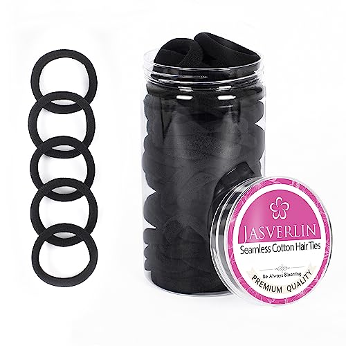 JASVERLIN 100 pcs Seamless Cotton Black Hair Ties, Thick Hair Elastic Bands Soft No Damage Ponytail Holders for Women Girl 1.5 inch