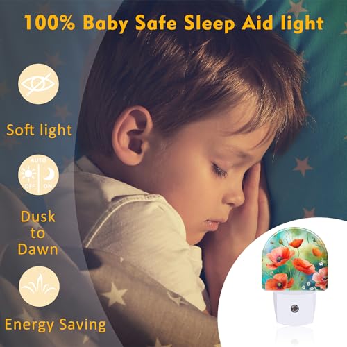 Image of Watercolor Red Poppies Flower Night Light, Abstract Colorful Floral Dusk to Dawn Night Light Plug in,0.5w Energy Saving Sleep Friendly NightLight for Kids Boys Girls Home Decor