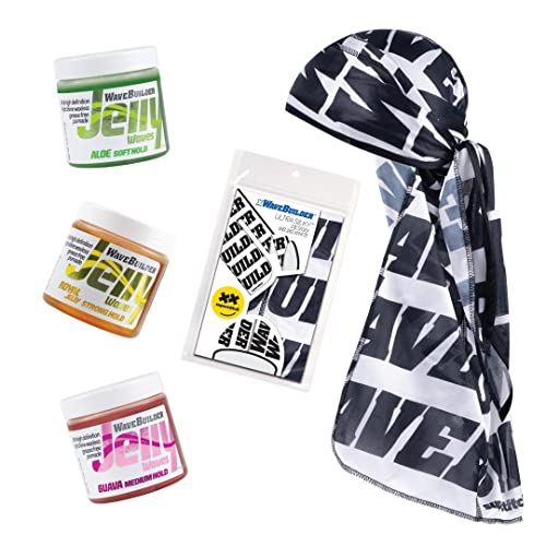 WAVEBUILDER Jelly Waves Bundle for 360 Waves | Aloe, Guava and Royal Jelly, Soft, Medium and Strong Hold and a Silky Durag Design: WB 360 White