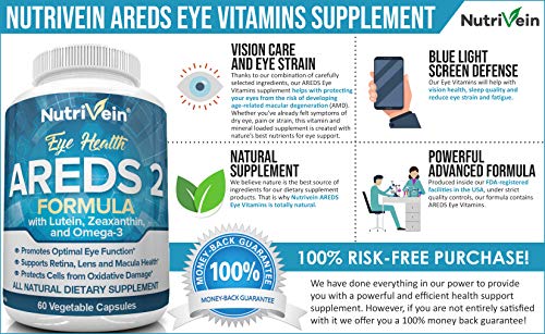 Nutrivein AREDS 2 Eye Vitamins - Supports Eye Strain, Dry Eyes - Award Winning Lutein and Zeaxanthin Plus Bilberry Extract - All-Natural Eye Health Booster Supplement for Adults, Kids, Men and Women
