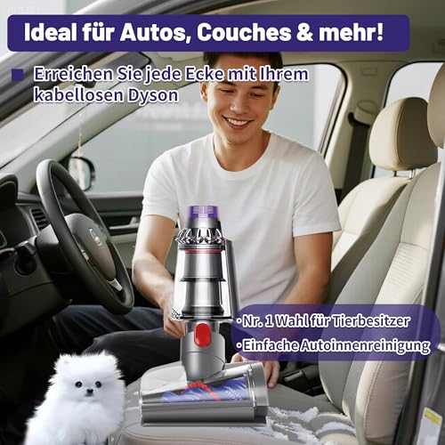 Upgrade Mini Elektrobürste für Dyson V7 V8 V10 V11 V15, Anti-Tangle Turbinendüse Aufsatz, Tierhaarbürste & Matratzenbürste, Staubsauger Zubehör Haardüse für Sofa, Auto, Polster & Teppich Reinigung