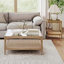 Nathan James Hayes Glass Coffee Table and Side Table Set with Rattan Bottom Shelf, Bohemian 2-Piece Living Room Set