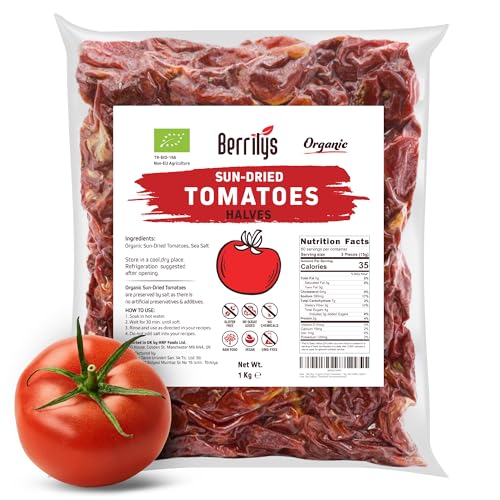 Berrilys Organic Sun Dried Tomatoes Non-GMO Gluten-Free No Sulphur No Preservatives Sun Blushed Dry Tomato Natural Ideal for Cooking & Snacking (1 kg (Pack of 1) Halves)