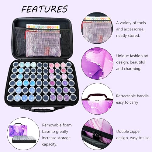 Image of Muzagroo Art Diamond Painting Storage Containers Diamond Art Storage Case with Accessories and Tools Portable Shockproof 60 Slots Organizer Case for Diamond Painting Kits Standard Set (Purple)