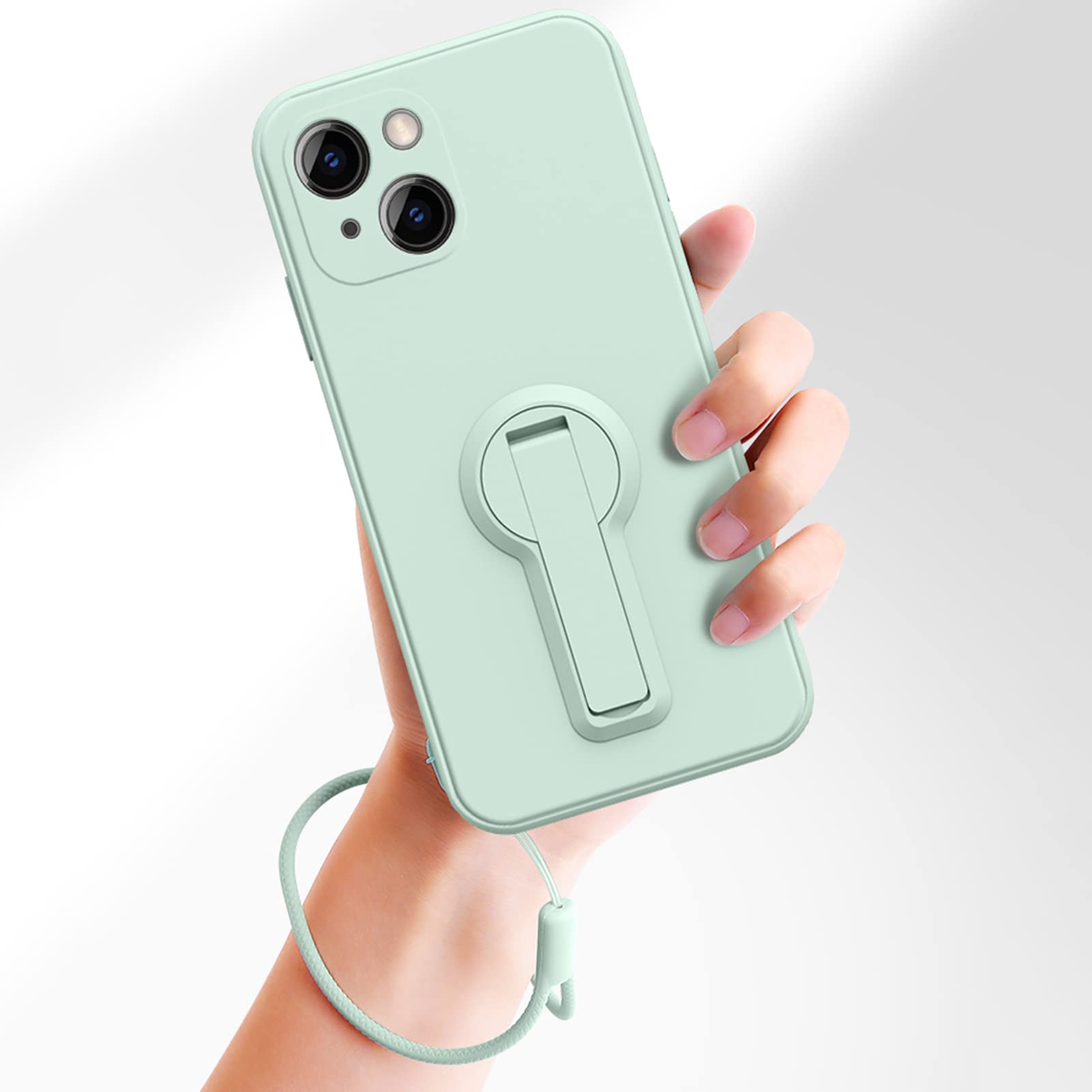 Custodia Ultra-Sottile per iPhone 14/14 Pro/14 Plus/14 PRO Max, AntiGraffio Protezione Dell'obiettivo Silicone Liquido Cover con Cordino, Piedistallo Pieghevole,Blu,14 PRO 6.1''