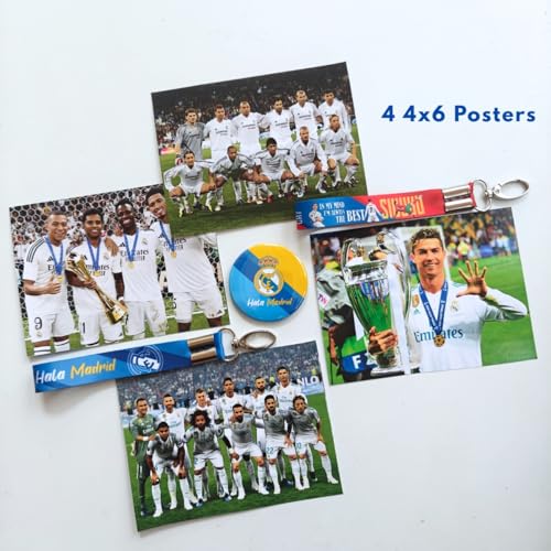 Image of TenorArts Real Madrid Gift Box Merchandise for Fans - 5x7 Inches Laminated Photo Frame, 2 Keychain, 1 Badge, 4 4x6 inches Sized Posters, 15+ Multi sized Players Stickers - 5 items in 1 Box