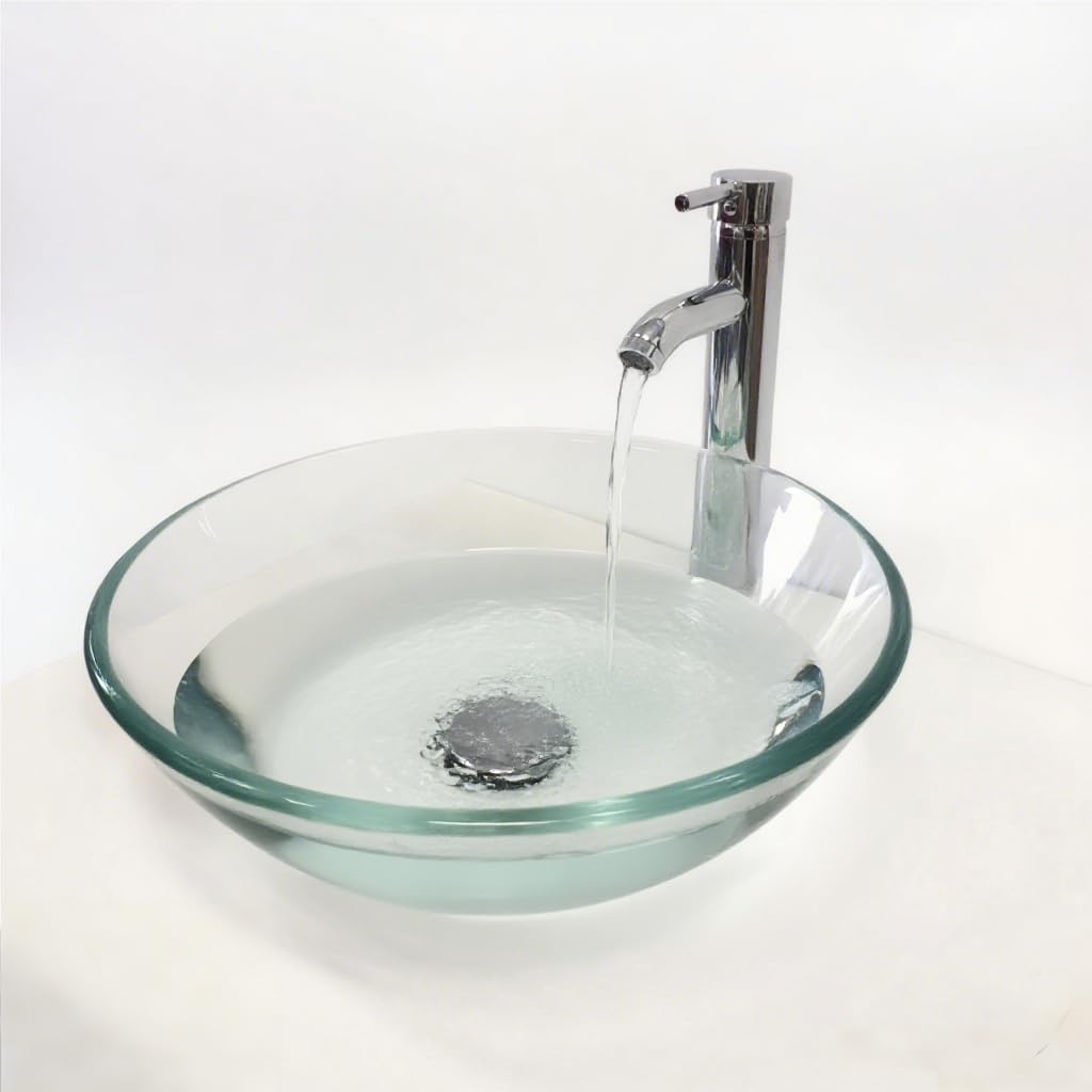 41,9 cm gł. x 41,9 cm szer. x 14 cm wys. okrągły hartowany przezroczysty szklany zlew łazienkowy – chromowany kran i wyskakujący odpływ w zestawie