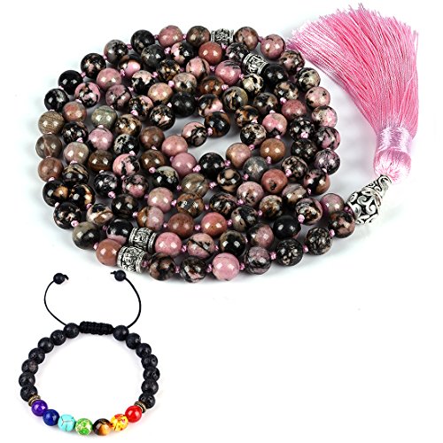 Cat Eye Jewels 8mm 108 Mala Prayer Long Beaded Necklace 7 Chakra Lava Rock Tree of Life Tassel Pendant Beads Bracelet Necklace for Women Men