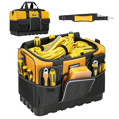 WINHUNT Bolsa de herramientas con apertura abierta, bolsas de herramientas para electricistas muy resistentes con base rígida impermeable, amarillo/negro, 40,6 cm