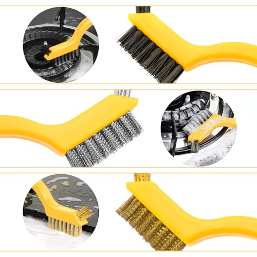 Image of 3pcs Wire Brushes Sturdy Little Cleaning Tool Scratch Brush, Nylon /Brass /Stainless Steel Bristles Brush with Curved Handle Grip Cleaning for Grout, Dirt, Rust, Paint Scrubbing Grease