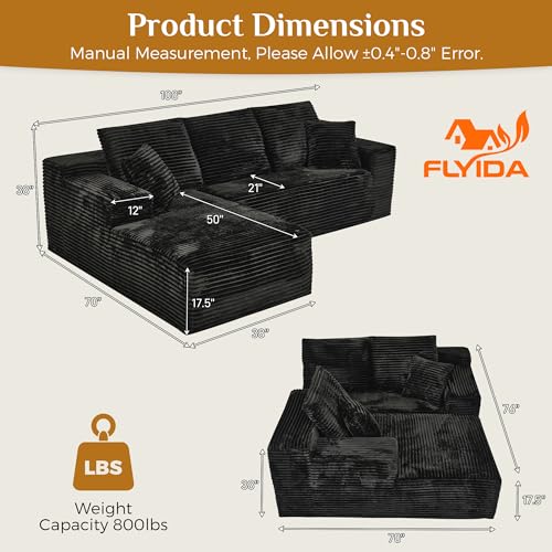 Image of 108 inch Boneless Cloud Sectional Couches for Living Room, Comfy Fluffy L Shaped Memory Foam Deep Seat Boneless Couch, Modular Sectional Sofa with Left Facing Chaise, Black