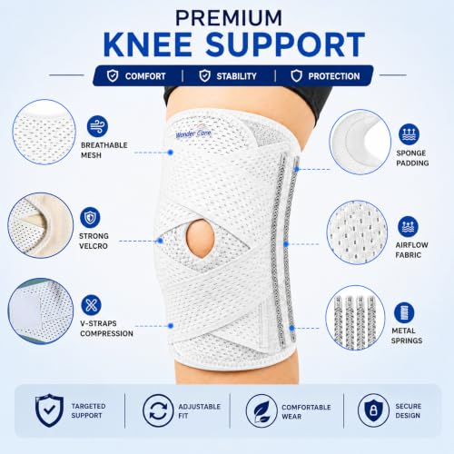 Image of Wonder Care Adjustable Wrap Knee Support Brace, Air Mesh Fabric Knee Brace Cap for Pain Relief, Sports, Arthritis, Running Protection Men Women [White] (1, M)