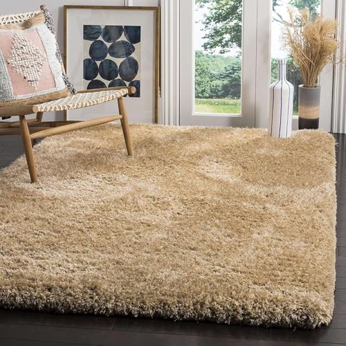 Image of Large Skin Beige Microfiber Shag Rug 9x9 Feet Square with Heavy Thick Pile, Anti Slip Layer and Handcrafted Finish for Enhancing Living Room, Bedroom and Hall Interiors