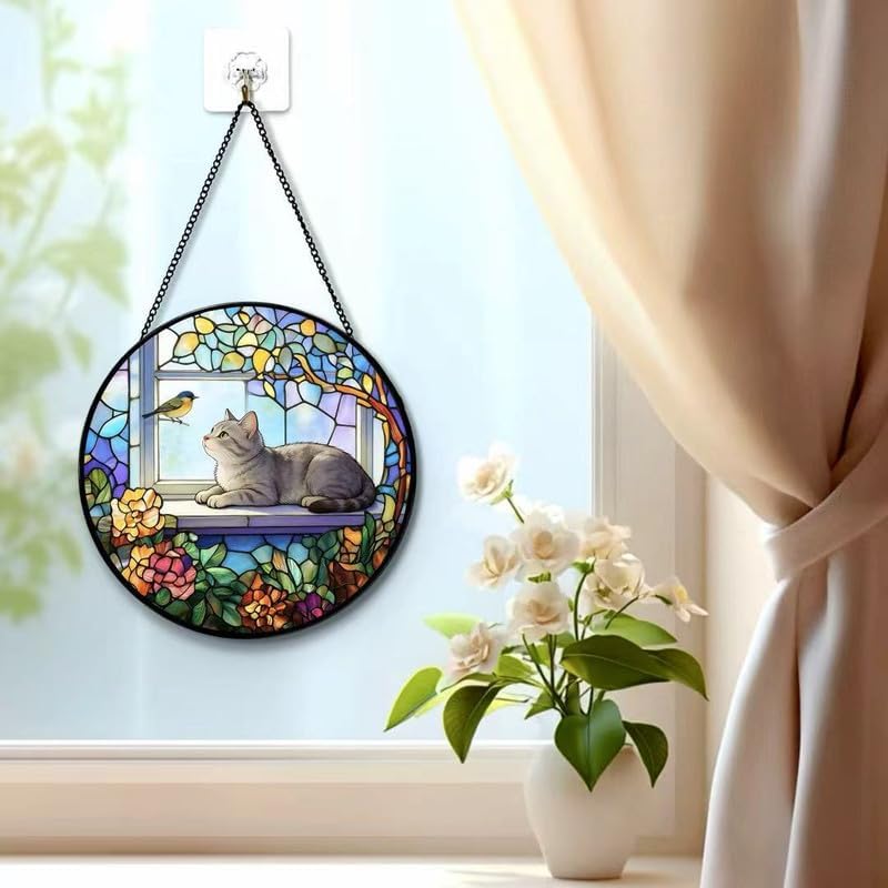 Stained Glass Cat Window Suncatcher, Cat on Windowsill Sun Catcher, Colorful Pet Lover Window Decor Gift