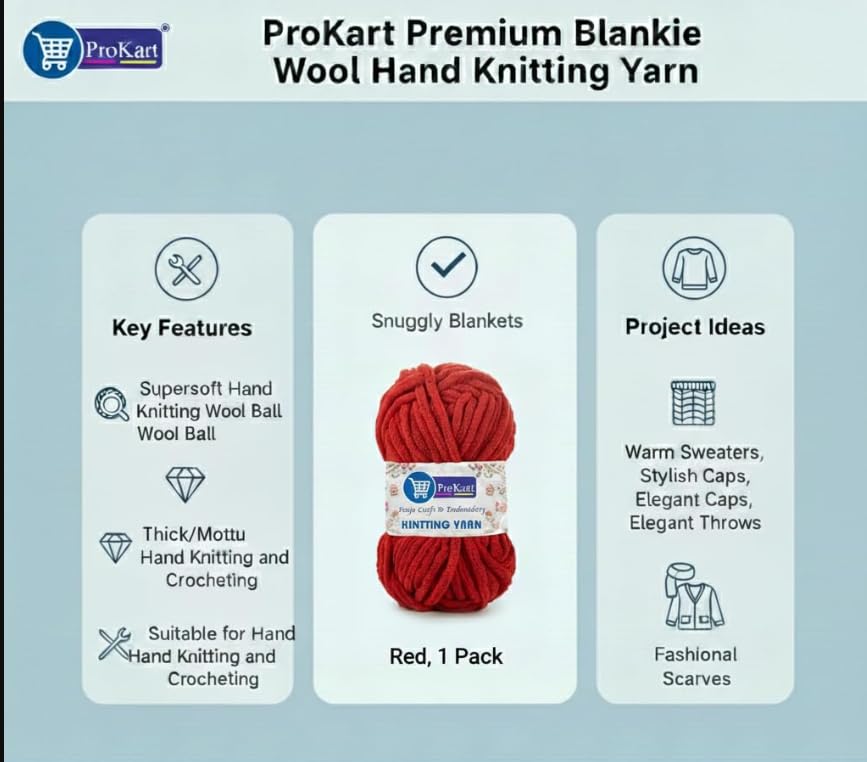 Image of ProKart Premium Blankie Wool, Plush & Cuddly, Chenille Yarn Supersoft Hand Knitting Wool Ball | Blanket Thick /Mottu Yarn Ball Suitable for Hand Knitting and Crocheting (Red, 100gms x 1 Pack)