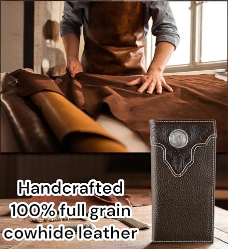 Image of F&L CLASSIC Men's RFID Vintage Look Genuine Leather Long Bifold Wallet Checkbook Wallets,brown,240-81