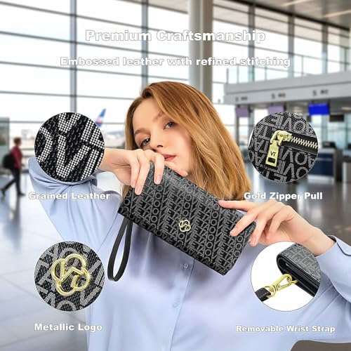 Image of Womens Wallet, RFID Blocking Wristlet Wallets for Women, Large Capacity Leather Clutch Purse for Ladies Daily Use and Travel, Card & Phone Holder - Black