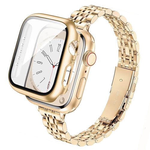 wipalor Slim Stainless Steel Straps with Case Compatible with Apple Watch Straps Women 40mm Ladies Metal iWatch Strap and Cover with Screen Protector for Apple Watch Strap Series SE 6 5 4 Gold