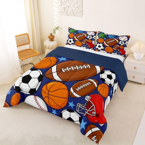 Image of Feelyou Football Comforter Set All Season Basketball Sports Bedding Set with 2 Pillow Cases Baseball Gaming Microfiber Kids King Bedclothes Bedroom Decor Duvet Quilt Breathable Soft Lightweight