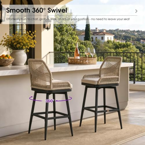 Image of PURPLE LEAF Swivel Counter Height Bar Stools Set of 2, Cushion, Drak Grey | 360 Rotating, All-weather Wicker, Heavy Duty Aluminum, Removable Cushion, Ergonomic Backrest, Indoor Outdoor, Easy Clean