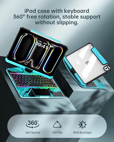 Image of Clear Keyboard Case for iPad Air 11 inch (M3 /M2, 2025 /2024), Air 5th /4th & Pro 11 inch 2022-2018, 360 Swivel with Wireless Bluetooth Multi-Touch Trackpad, 7-Color Backlit, Pencil Holder Blue