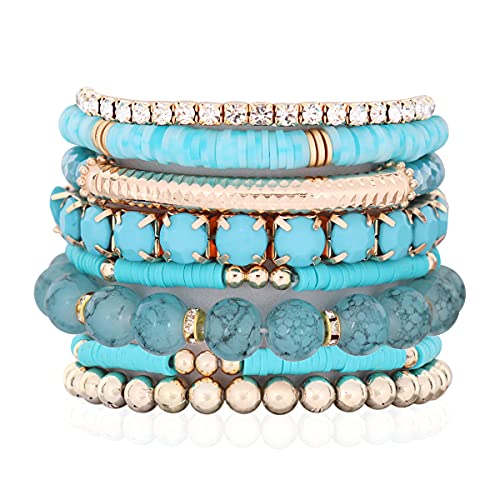 RIAH FASHION Multi Color Stretch Beaded Stackable Bracelets - Layering Bead Strand Statement Wrap Bangles (Boho Mix - Turquoise, 7.0 Inches Length)