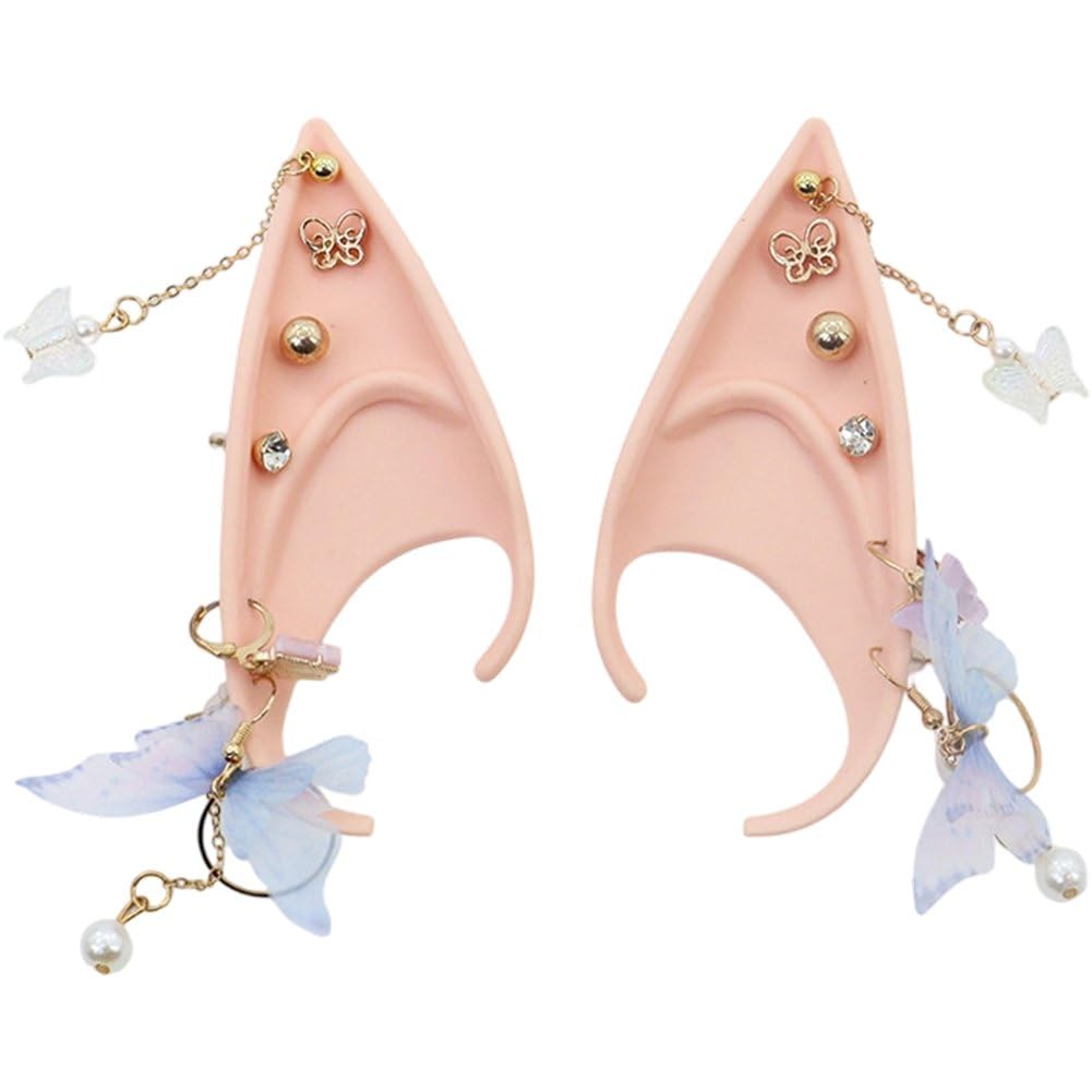 HiyyFloy Halloween Elf Ears, Forest Butterfly Elf Ears Tip with Earring Dangle False Ears Fairy Cosplay Accessories for Anime Party