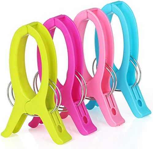 TRIXES 4PC Large HQ Multicoloured Beach Towel Pegs  Secure Sun Lounger Travel Clips Indoor & Outdoor Use - Jumbo Clip for the Beach, Garden, Pool, Sun Bed or Deck Chair - Laundry Quilt & Clothes Peg