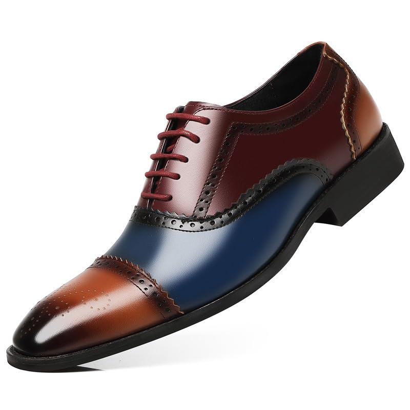 HOOENG Dress Oxford Shoes for Men Lace Up Square Toe Brogue Cap Toe PU Leather Oxford Shoes Slip Resistant Anti-Slip Low Top Prom(Color:Brown and Blue,Size:8.5)