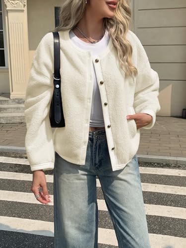 Yousify Womens Sherpa Fleece Jackets Cropped Button Down Crew Neck Coats Fall Casual Trendy Outerwear4