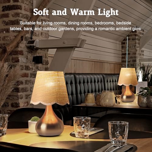 Small Table Lamp - Brass Gold Mini Table Lamps for Bedroom Vintage Decor Bedside Lamps for Night Stands Scalloped Rattan Shade Desk Lamp for Kids Room, Living Room, College Dorm, Home, Kitchen - Image 4