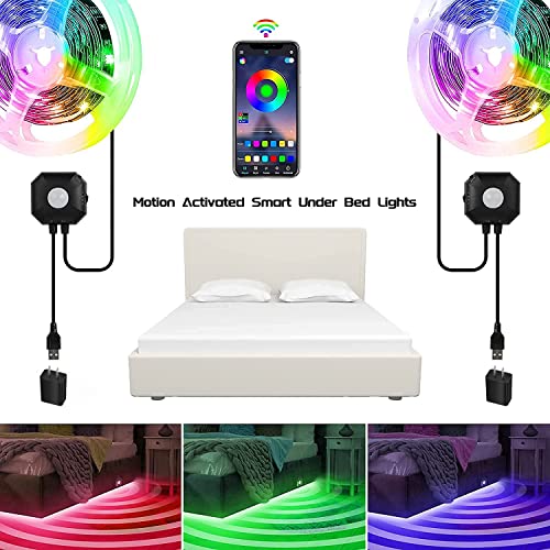 Motion Activated Under Bed Lights, Auplf 2X9.84Ft 5050 Rgb Color Changing Led Strip Lights With Sensor, App Control And Music Sync, Dimmable Night Light With Automatic Shut Off Timer For Bedroom #TOP5