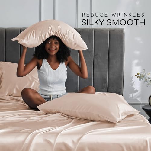 Image of MR&HM Satin Bed Sheets, Twin Size Sheets Set, 3 Pcs Silky Bedding Set with 15 Inches Deep Pocket for Mattress (Twin, Champagne)