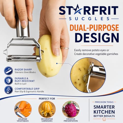 Image of STARFRIT SUCGLES 3-in-1 Stainless Steel Vegetable Peeler, Julienne Slicer & Fruit Peeler, Ultra Sharp Kitchen Cutter and Shredder for Potato, Carrot, Cucumber & Vegetables