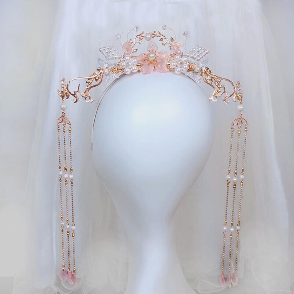 Horquilla larga china con borla larga con flor y perlas Hanfu. Accesorios para el cabello