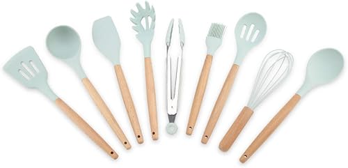 Herramienta de cocina mango de madera resistente a altas temperaturas juego de utensilios de silicona no tóxicos para cocinar 9 piezasjuego de