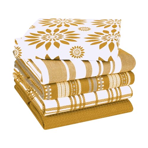 CottonCove Assorted Kitchen Towels Large 16x26 inches 100% Cotton Set of 5 - Soft Absorbent Washable Tea Towel for Kitchen - Dish Cloths with Hanging Loop - Quick Drying Towels Yellow Mustard