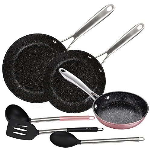 Imagen de San Ignacio Set sartenes 16x4.0, 20x5.0 cm y 28x6.0 cm, aluminio forjado, aptas para inducción. con Juego 3 utensilios de cocina nylon VITA