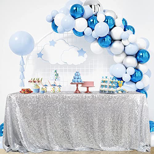 Image of B-COOL Glitter Tablecloth Silver Sequin Tablecloth Christmas 90x132 Inch Rectangle Sequin Overlay Sparkly Table Cloth Sequin Fabric for Wedding Table Decoration