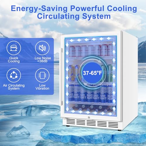Image of 24 Inch Beverage Refrigerator with Glass Door, Undercounter Beverage Fridge 200 Cans Large Capacity, Beverage Cooler for Beer Soda with Reversible Door, Temperature Control, Safety Lock, White