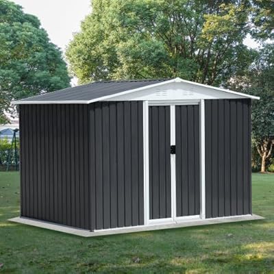 Patiometh 8' x 6' Outdoor Metal Storage Shed Outdoor Shed Galvanized Steel Garden Shed with Sliding Door and Window for Ventilation Storage Sheds House for Backyard Garden