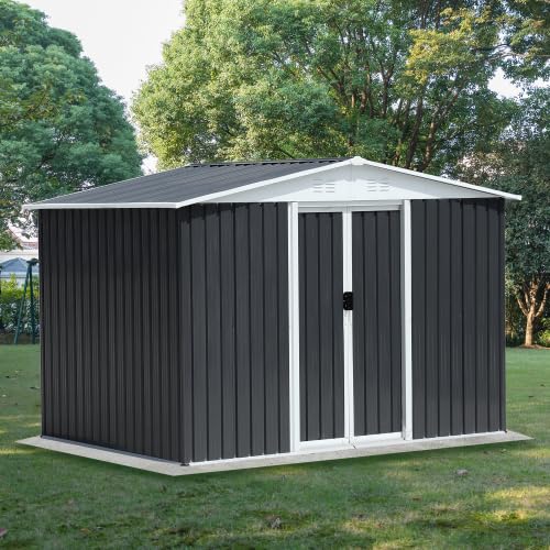 8 x 6 Outdoor Metal Storage Shed Outdoor Shed Galvanized Steel Garden Shed with Sliding Door and Window for Ventilation Storage Sheds House for Backyard GardenGrey