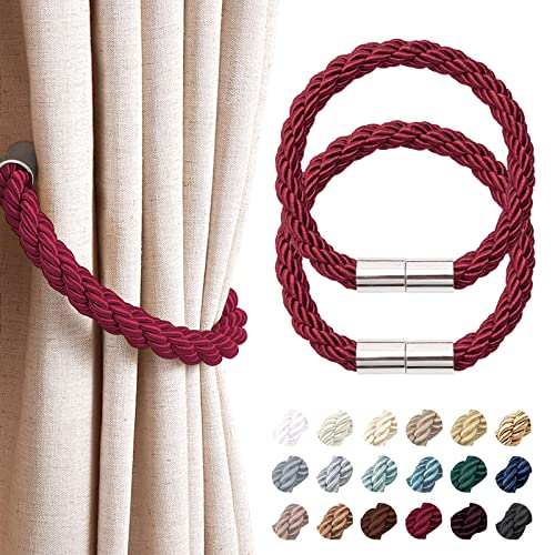NICEEC 2 Pack Strong Magnetic Curtain Tiebacks Modern Simple Style Drape Tie Backs Convenient Decorative Weave Rope Curtain Holdbacks for Thin or Thick Home & Office Window Draperies (Wine Red)