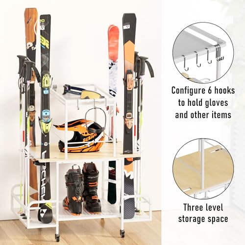 bimiti Freestanding Ski Rack for Garage, 2-Tier Ski Organizer with Storage for 4 Pairs of Skis, Boots, Poles, Goggles & Helmet, Space-Saving Ski Storage Rack for Home